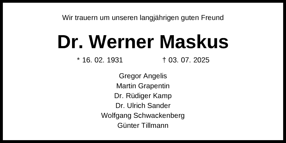  Traueranzeige für Werner Maskus vom 19.07.2025 aus Nordwest-Zeitung
