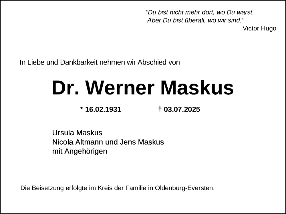  Traueranzeige für Werner Maskus vom 19.07.2025 aus Nordwest-Zeitung
