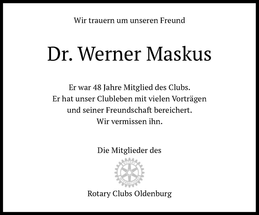  Traueranzeige für Werner Maskus vom 19.07.2025 aus Nordwest-Zeitung