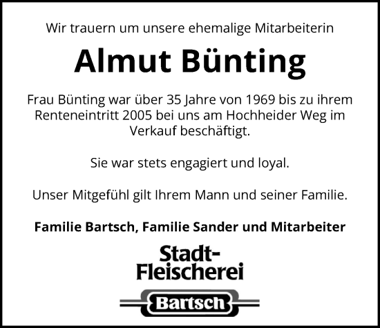 Traueranzeige von Almut Bünting von Nordwest-Zeitung