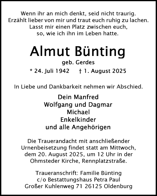 Traueranzeige von Almut Bünting von Nordwest-Zeitung