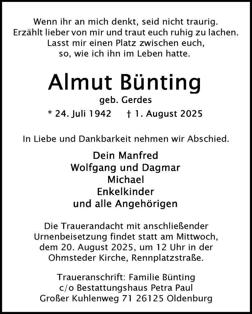  Traueranzeige für Almut Bünting vom 09.08.2025 aus Nordwest-Zeitung