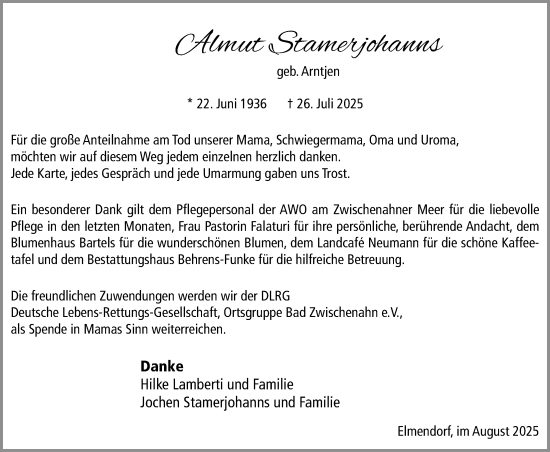 Traueranzeige von Almut Stamerjohanns von Nordwest-Zeitung