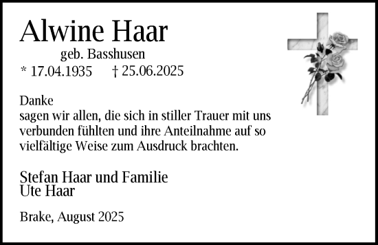 Traueranzeige von Alwine Haar von Nordwest-Zeitung
