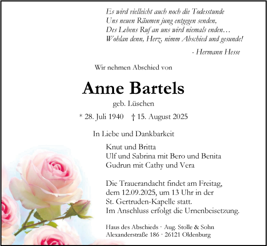 Traueranzeige von Anne Bartels von Nordwest-Zeitung