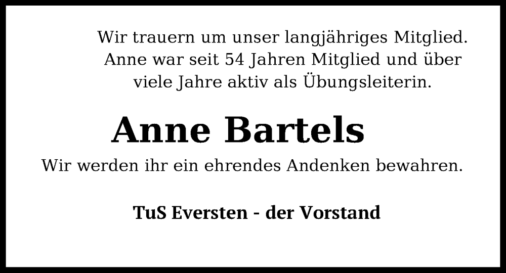  Traueranzeige für Anne Bartels vom 30.08.2025 aus Nordwest-Zeitung