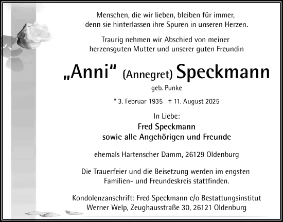 Traueranzeige von Annegret Speckmann von Nordwest-Zeitung