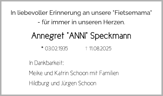 Traueranzeige von Annegret Speckmann von Nordwest-Zeitung