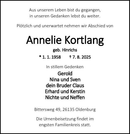 Traueranzeige von Annelie Kortlang von Nordwest-Zeitung