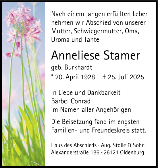 Traueranzeige von Anneliese Stamer von Nordwest-Zeitung
