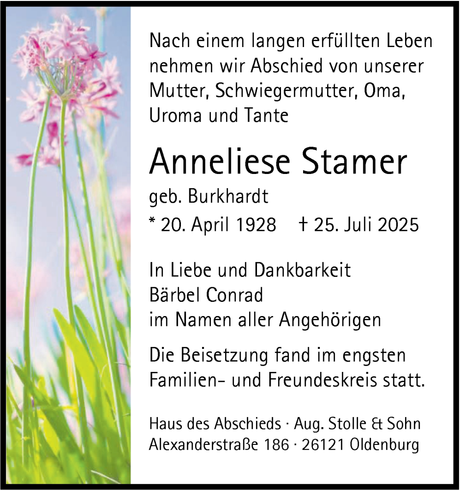  Traueranzeige für Anneliese Stamer vom 23.08.2025 aus Nordwest-Zeitung