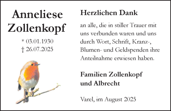 Traueranzeige von Anneliese Zollenkopf von Nordwest-Zeitung