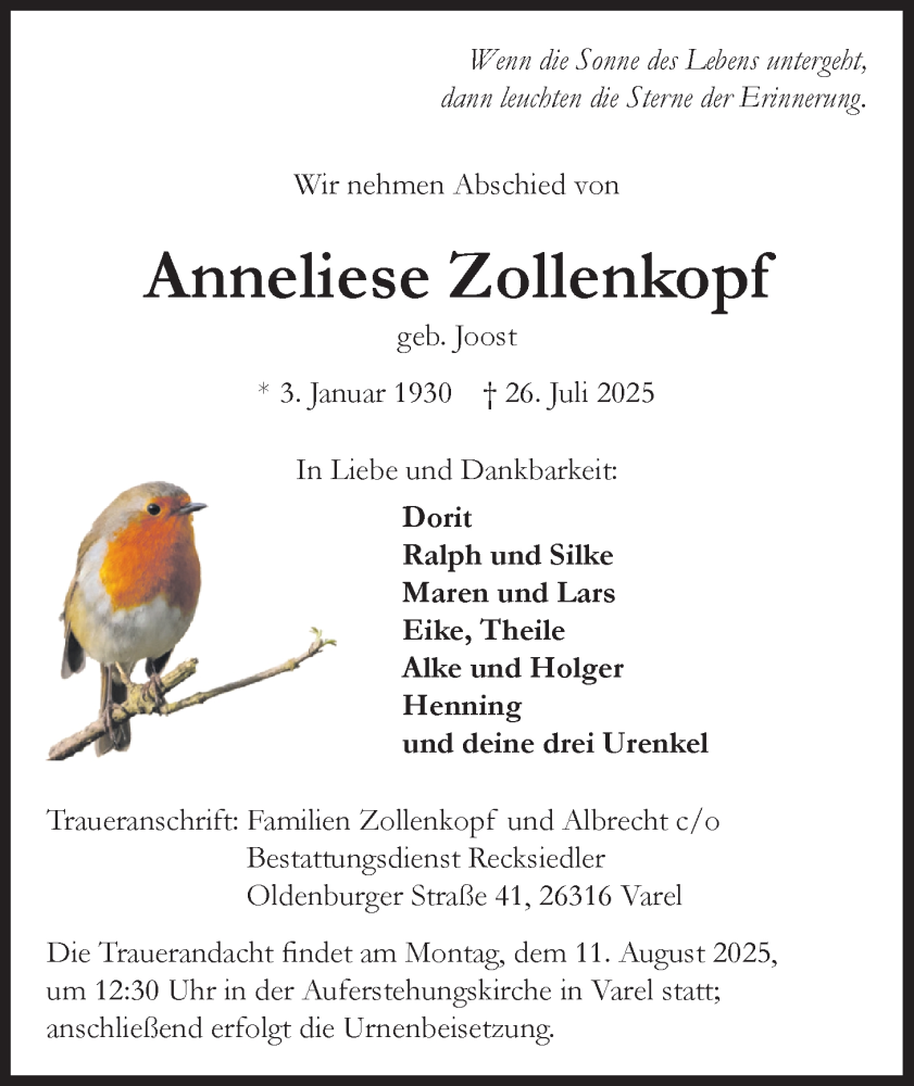  Traueranzeige für Anneliese Zollenkopf vom 02.08.2025 aus Nordwest-Zeitung