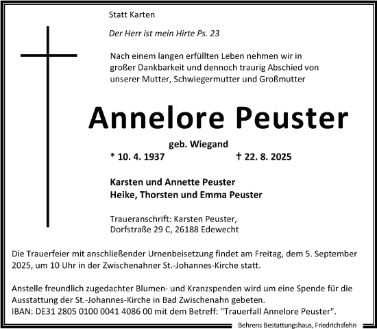Traueranzeige von Annelore Peuster von Nordwest-Zeitung