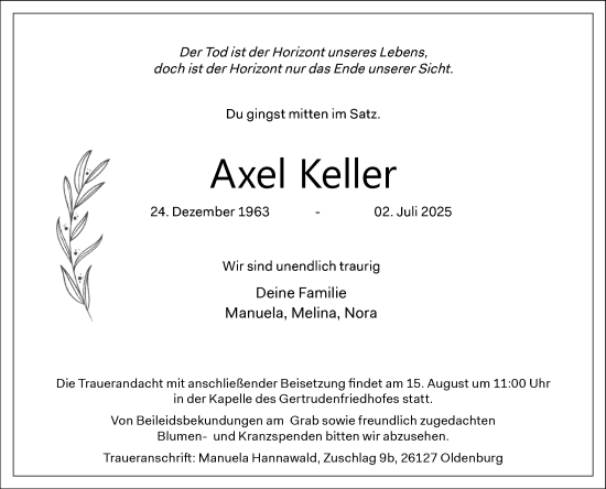 Traueranzeige von Axel Keller von Nordwest-Zeitung