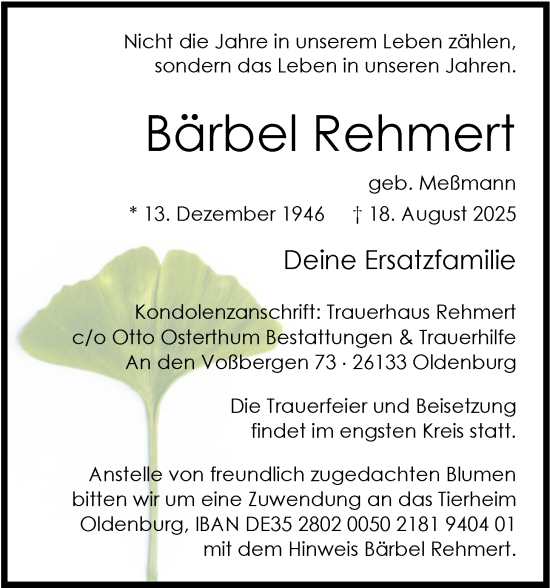 Traueranzeige von Bärbel Rehmert von Nordwest-Zeitung