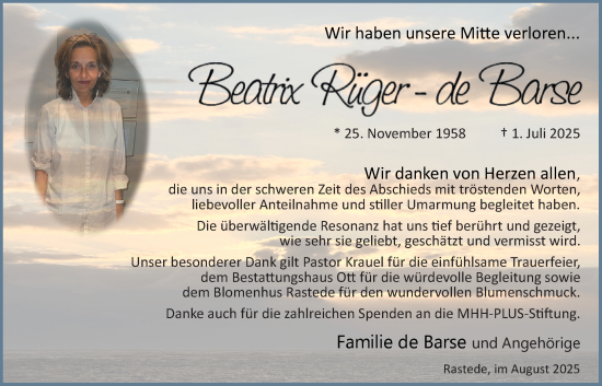 Traueranzeige von Beatrix Rüger - de Barse von Nordwest-Zeitung