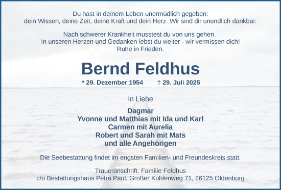 Traueranzeige von Bernd Feldhus von Nordwest-Zeitung