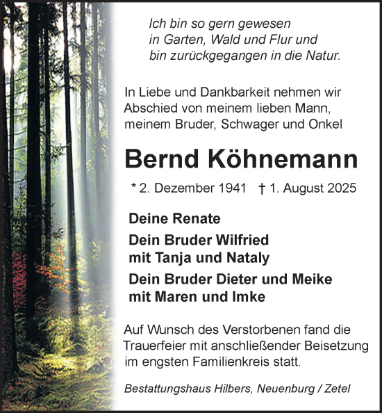Traueranzeige von Bernd Köhnemann von Nordwest-Zeitung