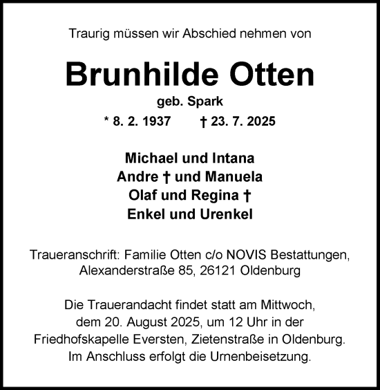 Traueranzeige von Brunhilde Otten von Nordwest-Zeitung