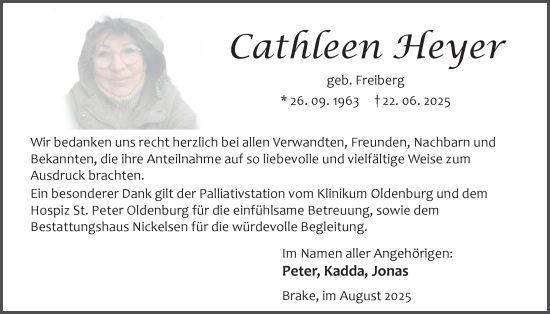 Traueranzeige von Cathleen Heyer von Nordwest-Zeitung