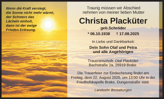 Traueranzeige von Christa Placküter von Nordwest-Zeitung