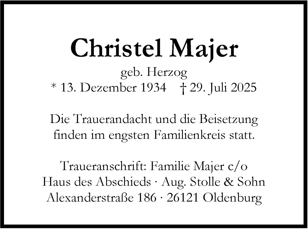  Traueranzeige für Christel Majer vom 09.08.2025 aus Nordwest-Zeitung