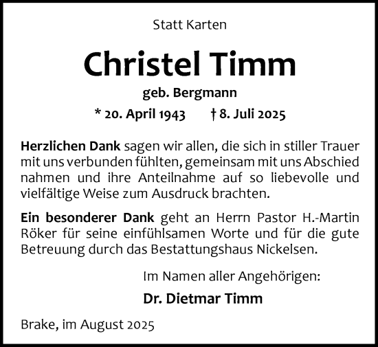 Traueranzeige von Christel Timm von Nordwest-Zeitung
