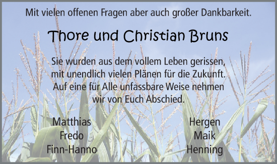 Traueranzeige von Christian und Thore Bruns von Nordwest-Zeitung