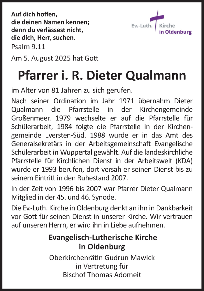  Traueranzeige für Dieter Qualmann vom 09.08.2025 aus Nordwest-Zeitung