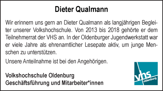 Traueranzeige von Dieter Qualmann von Nordwest-Zeitung
