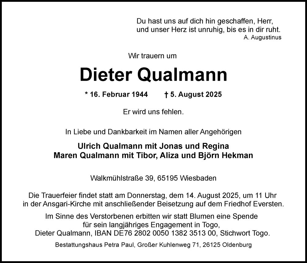  Traueranzeige für Dieter Qualmann vom 09.08.2025 aus Nordwest-Zeitung