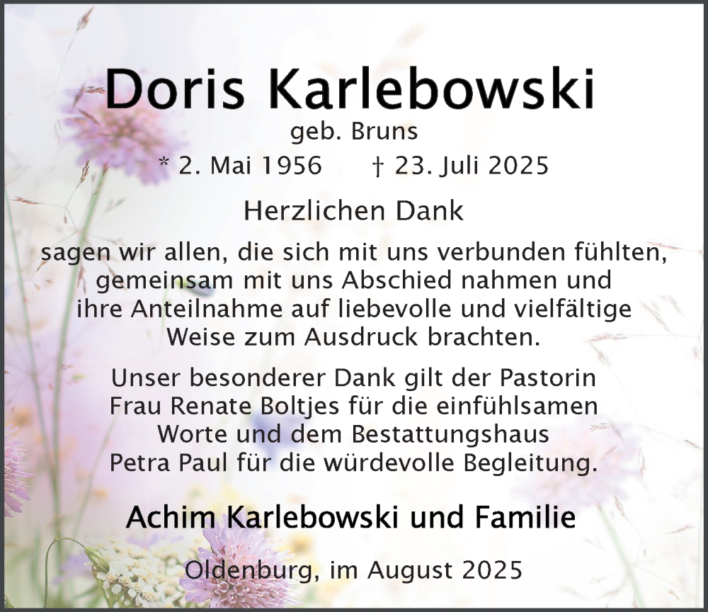  Traueranzeige für Doris Karlebowski vom 22.08.2025 aus Nordwest-Zeitung
