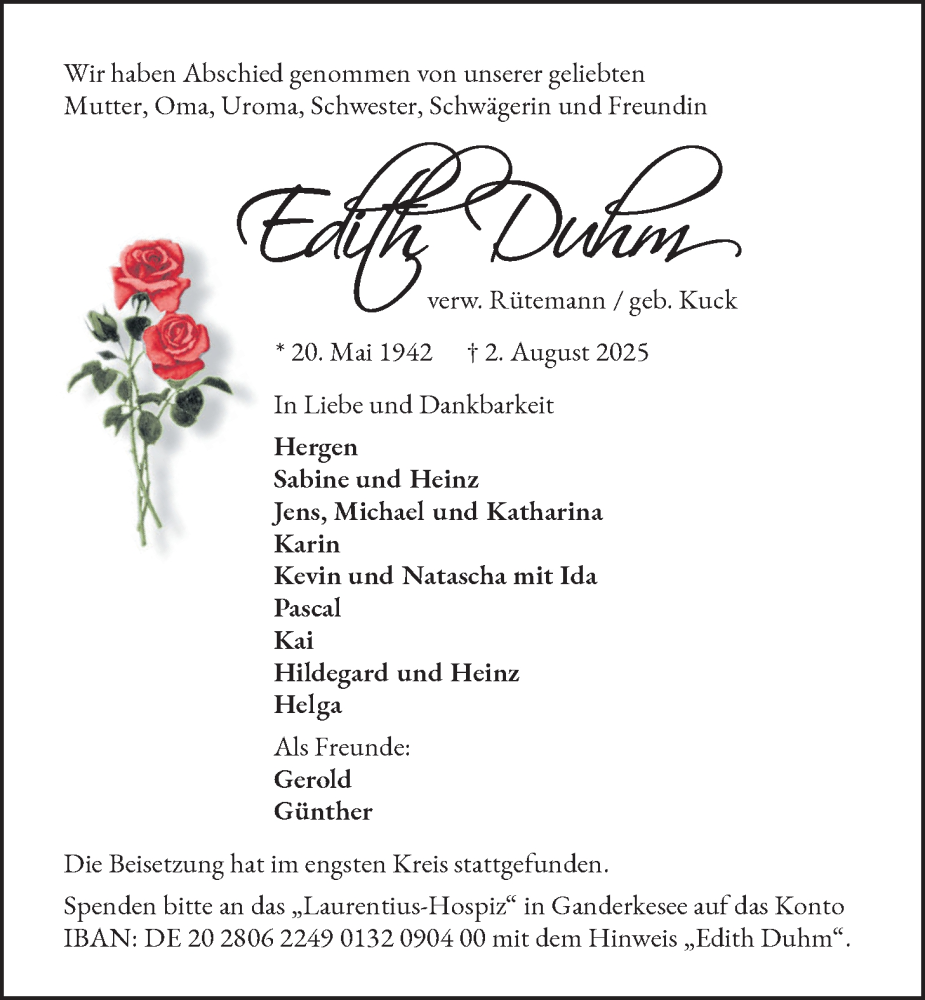  Traueranzeige für Edith Duhm vom 16.08.2025 aus Nordwest-Zeitung