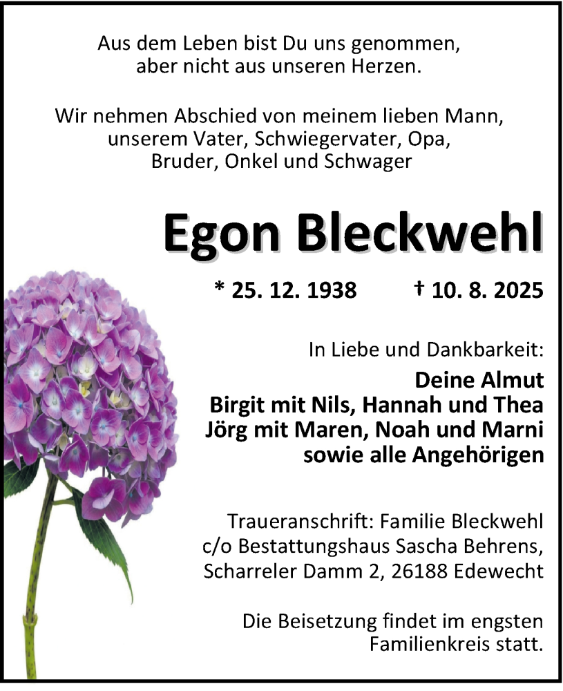  Traueranzeige für Egon Bleckwehl vom 16.08.2025 aus Nordwest-Zeitung
