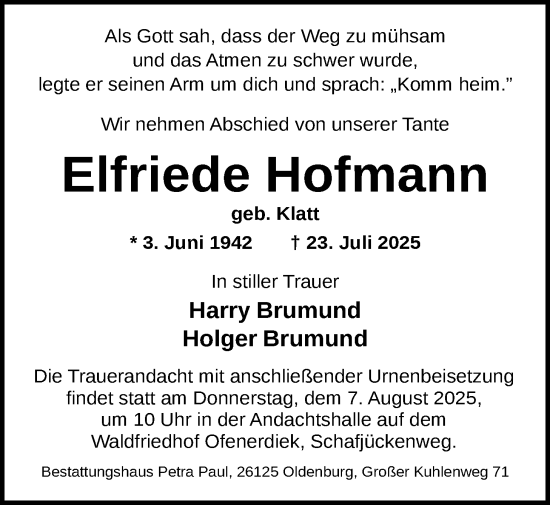 Traueranzeige von Elfriede Hofmann von Nordwest-Zeitung