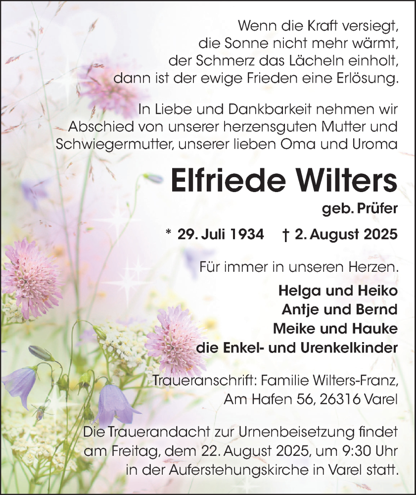  Traueranzeige für Elfriede Wilters vom 16.08.2025 aus Nordwest-Zeitung