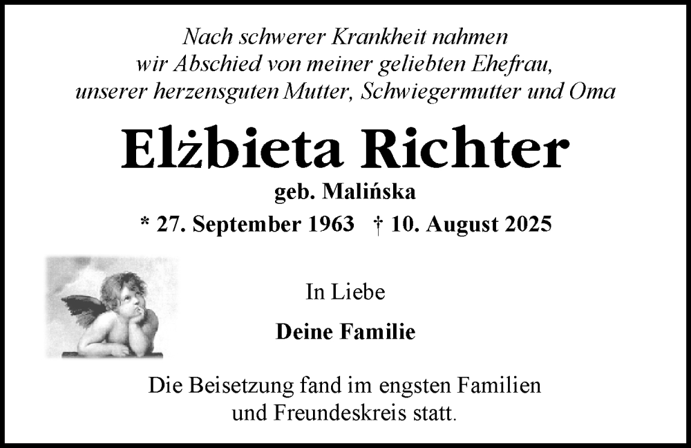  Traueranzeige für Elzbieta Richter vom 27.08.2025 aus Nordwest-Zeitung
