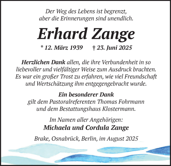 Traueranzeige von Erhard Zange von Nordwest-Zeitung