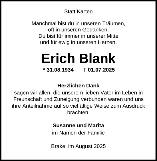 Traueranzeige von Erich Blank von Nordwest-Zeitung