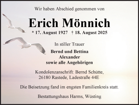 Traueranzeige von Erich Mönnich von Nordwest-Zeitung