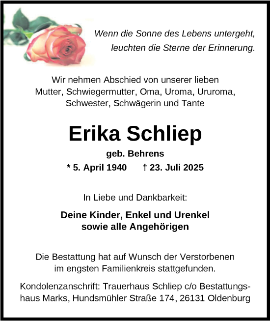 Traueranzeige von Erika Schliep von Nordwest-Zeitung