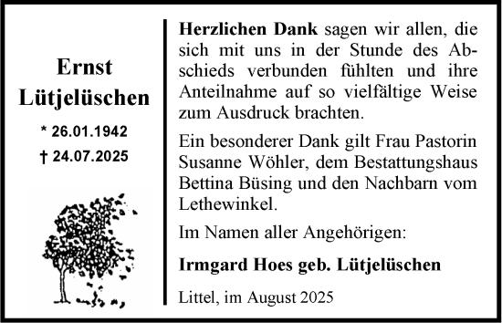 Traueranzeige von Ernst Lütjelüschen von Nordwest-Zeitung