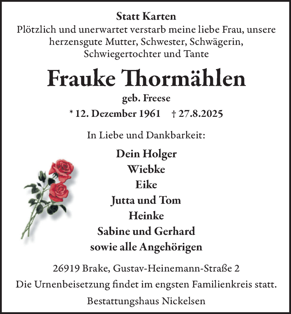  Traueranzeige für Frauke Thormählen vom 01.09.2025 aus Nordwest-Zeitung