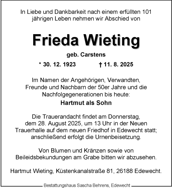 Traueranzeige von Frieda Wieting von Nordwest-Zeitung