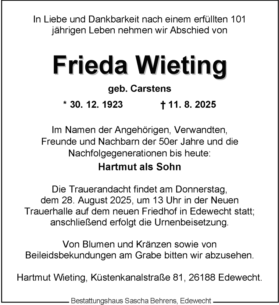  Traueranzeige für Frieda Wieting vom 21.08.2025 aus Nordwest-Zeitung