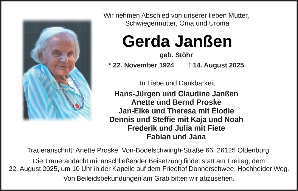  Traueranzeige für Gerda Janssen vom 20.08.2025 aus Nordwest-Zeitung