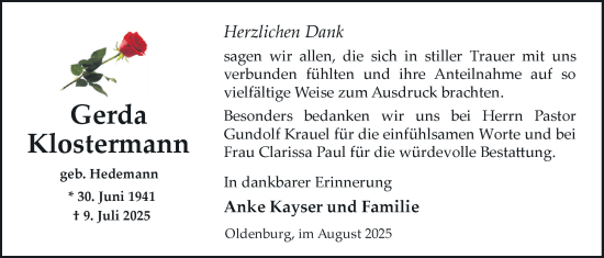 Traueranzeige von Gerda Klostermann von Nordwest-Zeitung