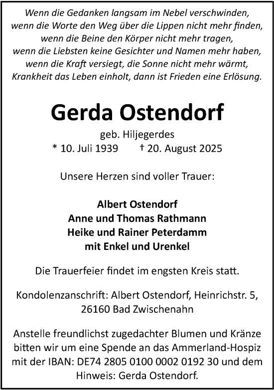 Traueranzeige von Gerda Ostendorf von Nordwest-Zeitung