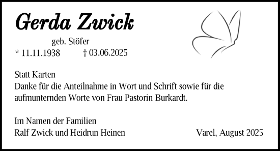 Traueranzeige von Gerda Zwick von Nordwest-Zeitung